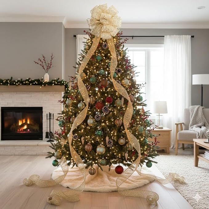 CT CRAFT LLC Champagne Gold Glitter Mesh Christmas Tree Topper Bow 11" with 4 Ribbon Streamers x 3 Yards Long Each for Holidy Elegant Fancy Home Décor Indoor