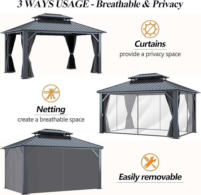 GARTOO 12'x14' Outdoor Hardtop Gazebo with Double Roof - Heavy-Duty Galvanized Steel Top Aluminum Frame Gazebo with Breathable Netting & Privacy Curtain for Patio, Porch, Garden, Lawn, Deck, Backyard