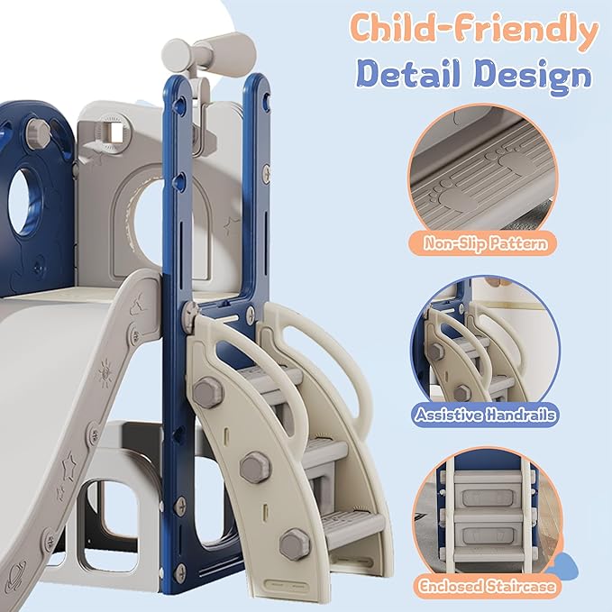 6 in 1 Toddler Slide, Kids Slider for 1-3, Indoor Outdoor Playset Playground with Basketball Hoop, Storage, Climber and Telescope, Great Gift for Baby & Child, Blue and White