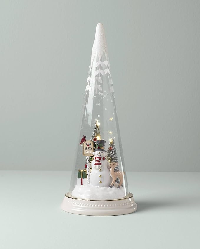 Lenox 895174 Lit Christmas Cone with North Pole Snowman Scene, Holiday Decor