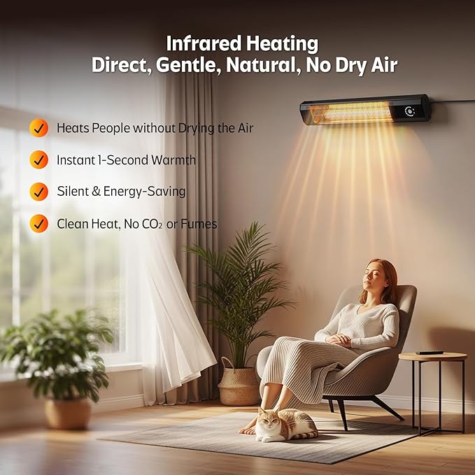 Wall-Mounted Electric Patio Heater, 34" 1500W Infrared Heater With Motion Sensor, IPX5 Waterproof, 9 Heat Level & 9H Timer, Indoor & Outdoor Heaters for Patio, Backyard, Garage, and Decks