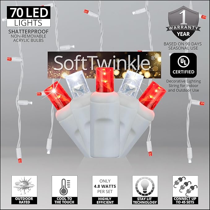 Wintergreen Lighting SoftTwinkle 70 Red and Cool White LED Icicle Christmas Lights, 7.5 ft White Wire Indoor/Outdoor Commercial Grade Pulsing Twinkle Holiday Lighting