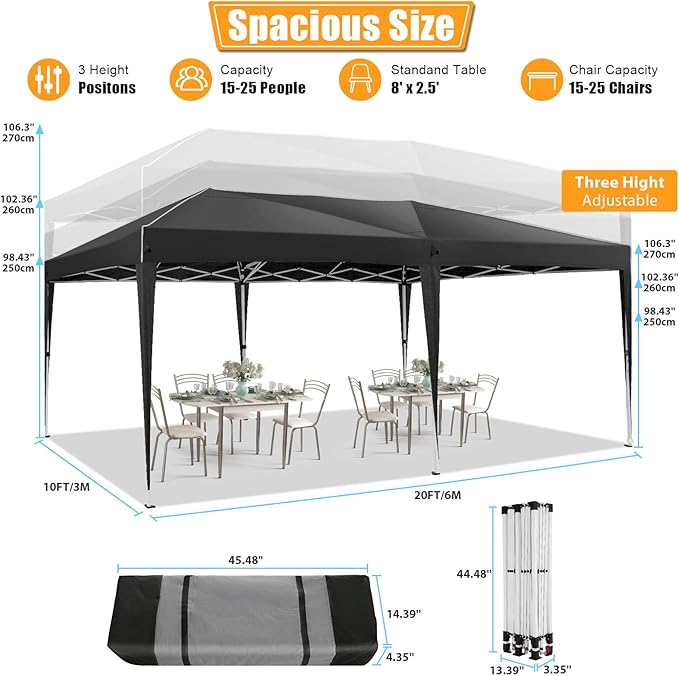 HOTEEL 10x20 Pop Up Canopy with 6 Sidewalls,One-Push Setup Canopy Tent with 8 Windbreak Poles,Waterproof Shade 10x20,Outdoor Canopies for Parties,Weddings,Camping,Patios (Black)