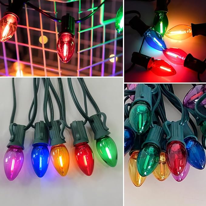 C7 LED Christmas String Lights,25Ft Multicolor Outdoor Lights with 27 Energy-Efficient,Waterproof Clear Bulbs for Indoor/Outdoor Holiday & Party Decor