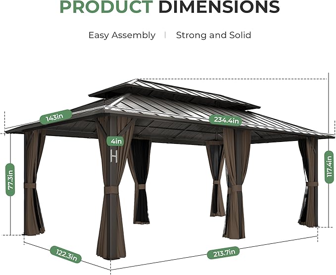 12' x 20' Hardtop Gazebo, Aluminum Frame Gazebo with Double Galvanized Steel Roof, Outdoor Permanent Pavilion with Netting & Curtains for Backyard, Garden, or Deck, Brown