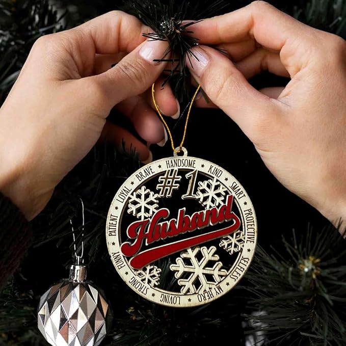 #1 Husband Wooden Christmas Ornament – Rustic Holiday Tree Hanging Decoration, Romantic Xmas Gift for Husband, Anniversary or Stocking Stuffer Keepsake