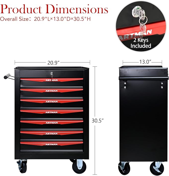 RYH 7 Drawers Rolling Tool Chest - Heavy Duty Mobile Tool Cart with Locking Wheels & Ball Bearing Drawers,30.5 H x 20.9 W x 13 D Garage Tool Storage Cabinet (Black, 7 Drawers)