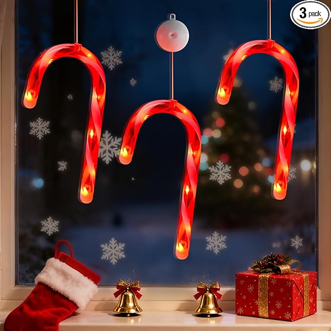 3 Pack Christmas Window Lights Decorations with Timer,Battery Powered Red Lighted Candy Cane LED String Sucker for Xmas 2026 Hanging Fireplace Window Indoor Decor