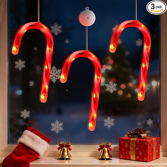 3 Pack Christmas Window Lights Decorations with Timer,Battery Powered Red Lighted Candy Cane LED String Sucker for Xmas 2026 Hanging Fireplace Window Indoor Decor
