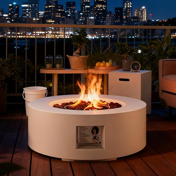 ECOTOUGE 2-Piece Gas Fire Pit, Outdoor Propane Fire Pit Table Set w/Tank Cover, 30''Auto-Ignition Round Steel Fire Table, 50,000 BTU Concrete Fire Pit w/Weather-Resistant Pit Cover, Lava Rocks, White