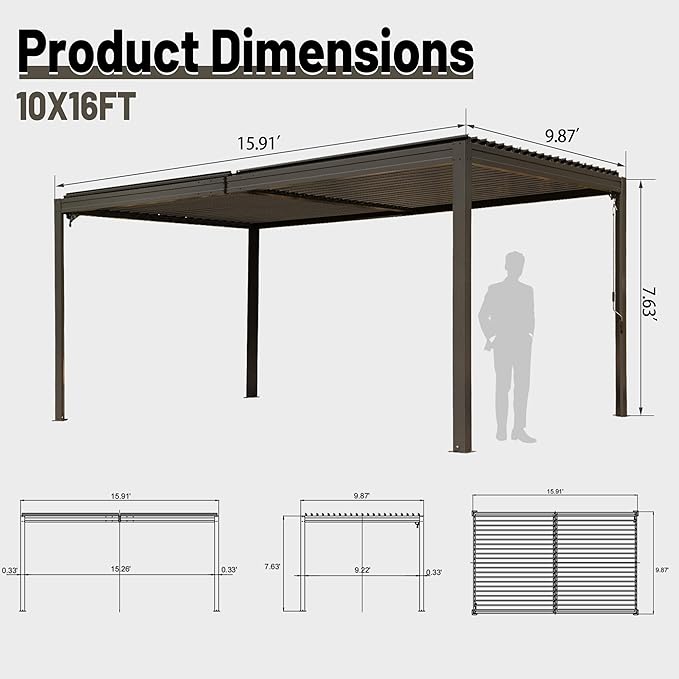 10’ x 16’ Louvered Pergola, Outdoor Pergola Aluminum Frame with Adjustable Rainproof Metal Roof, Permanent Sun Shade with Drainage System for Backyard, Garden and Lawn (Dark Brown)