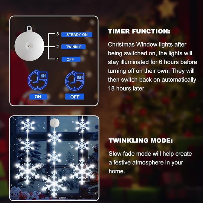 3Pack Christmas Window Lights Decorations with Timer, Battery Powered Christmas Hanging White Lighted Snowflake Shaped LED Sucker String for Xmas Tree Fireplace Indoor Decor