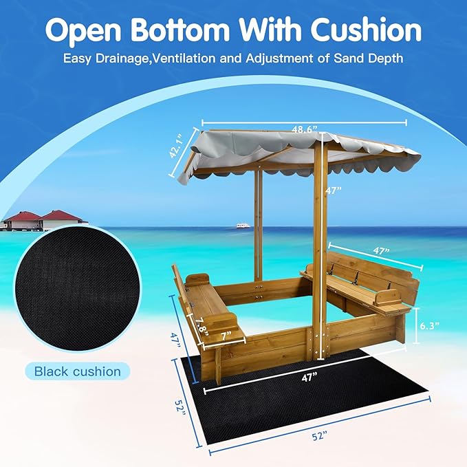 Wooden Kids Sandbox with Lid, Outdoor Sand Box with Canopy and Two Foldable Bench Seats, Sandbox with Cover for Play, Backyard, Gift for Kids Aged 2-8, Bottom Liner & Adjustable Cover, 47''