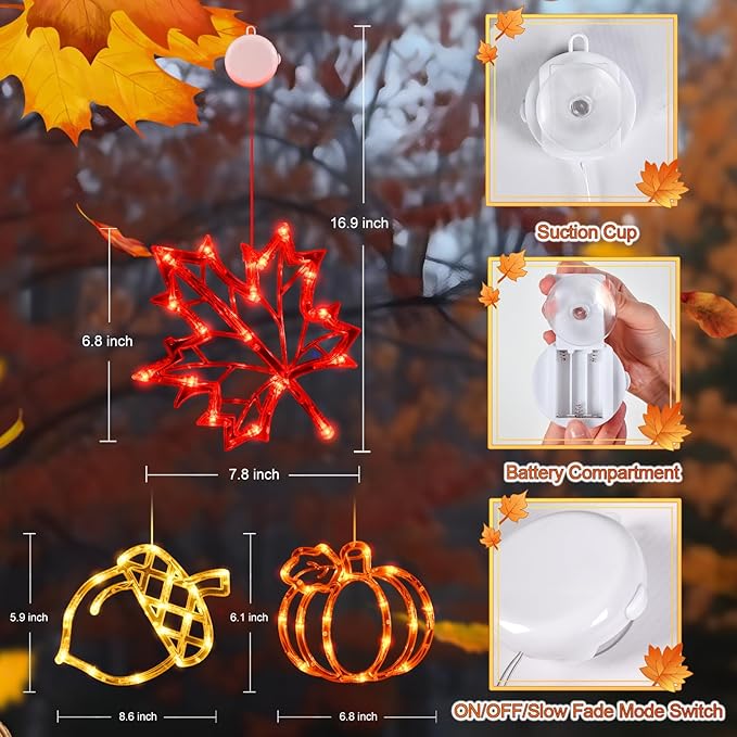 LOLStar Fall Decor Window Lights 2025 Thanksgiving Decorations Acorn Maple Leaves Pumpkin LED Lights with Suction Cups Battery Operated(Exclusive) Slow Fade Mode Timer Autumn Decorations for Home
