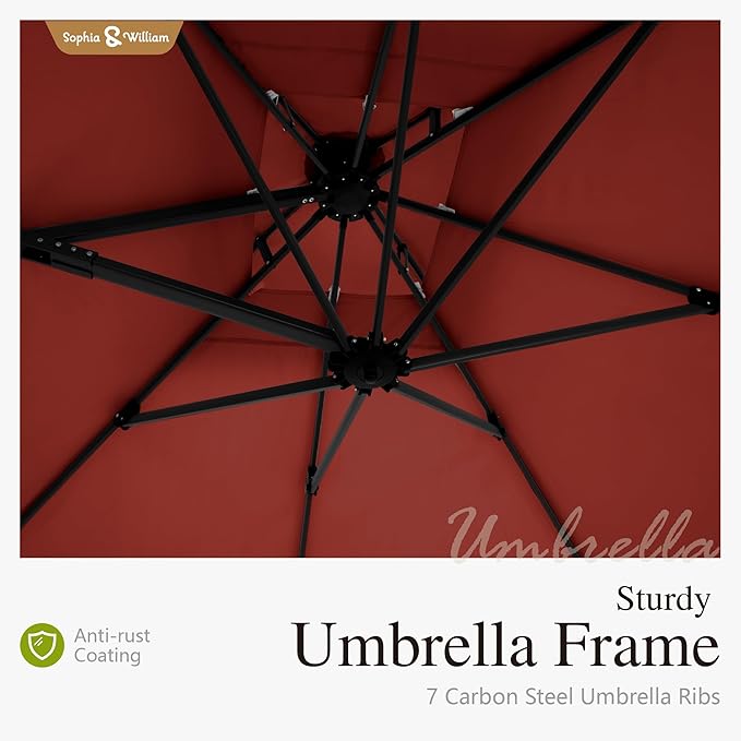 Sophia & William 12ft Cantilever Patio Umbrella with Base, Large Rectangular Umbrellas with 360-degree Rotation, Aluminum Pole for Garden Pool Backyard, Red