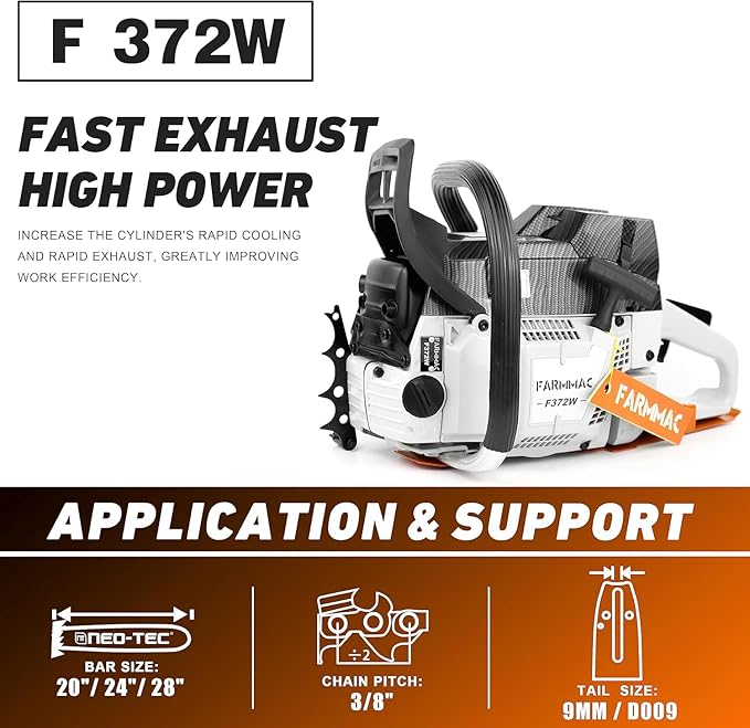 FARMMAC F372W Gas Chainsaw, 71cc 2-Cycle Gasoline Power Chain Saws, 4.1KW 5.5HP for Professional Logging Work, All Parts Compatible with Husqvarna 372X