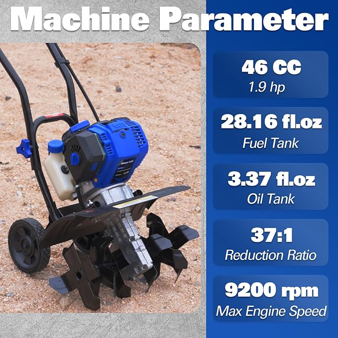 BILT HARD 46cc 4-Cycle 1.9HP Gas Powered Tiller Cultivator - 16 Heavy-Duty Steel Tines Rototiller, Adjustable Wheels & Cushioned Handle Grips for Plowing, Tilling, Weeding in Garden, Farm