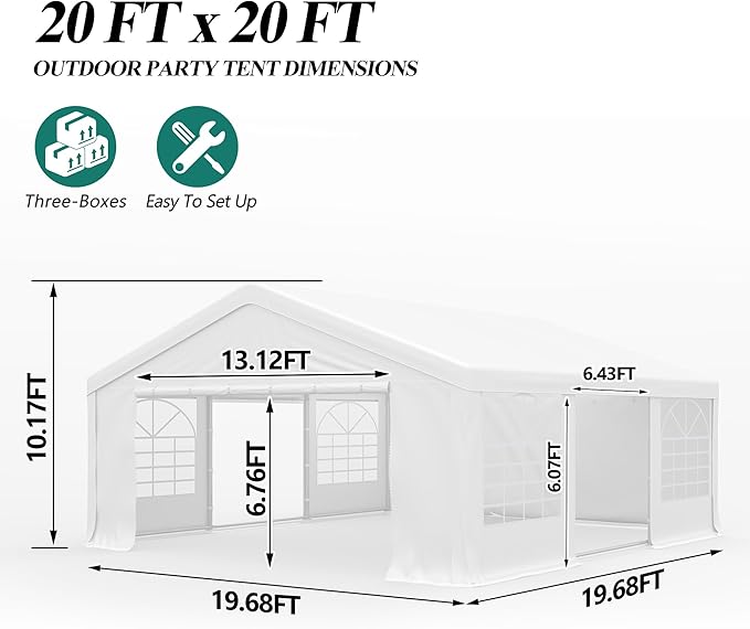 GARTOO 20' x 20' Canopy Party Tent & Carport - Heavy Duty Outdoor Wedding Gazebo with 4 Sand Bags, Event Shelter Canopy for Outdoor Event, Wedding, Birthday Party