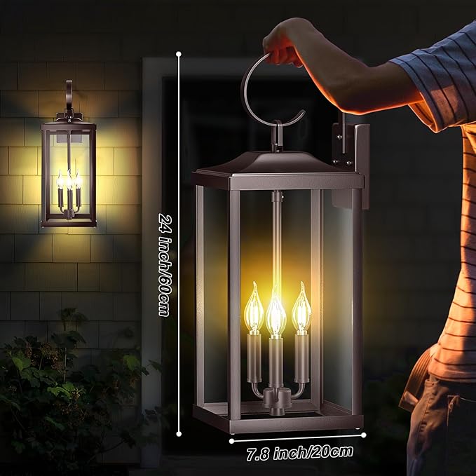 2 Packs 24" Extra Large 3-Light Outside Wall Light Fixture, Oil Rubbed Bronze Outdoor Porch Lantern Wall Mounted, Waterproof Modern Brown Outside Wall Sconce Coach Lamp for House, E12