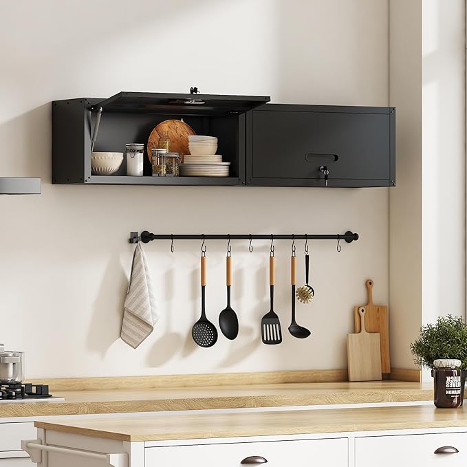 Metal Wall Cabinet,Wall Mounted Garage Cabinets with Lockable Up-Flip Door,Black Hanging Storage Cabinet 130 lbs Capacity,Floating Cabinet for Tool Organization in Basement,Workshop,Kitchen