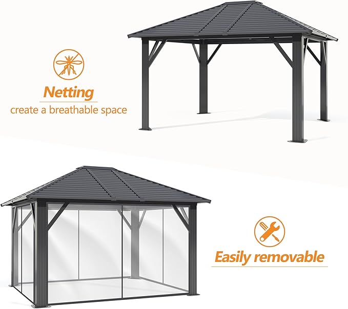 GARTOO 10' x 12' Patio Hardtop Gazebo - Outdoor Metal Hard Top with Breathable Mesh, Galvanized Steel Top Gazebo for Garden, Lawn, Outdoor Party (Black)