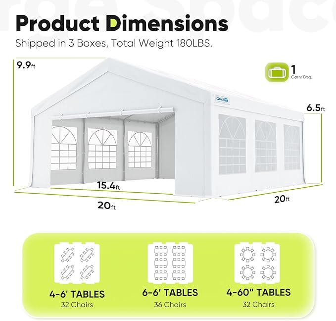 Quictent 20x20 Party Tent Heavy Duty Outdoor Canopy Tent Carport Wedding Event Shelter BBQ Wedding Tents for Parties with Storage Bags(Church)