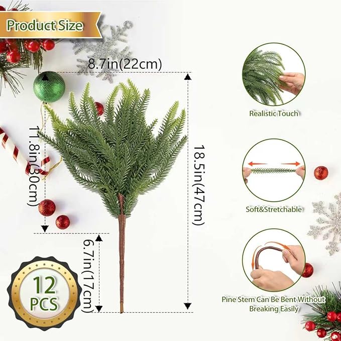 12 Pcs Christmas Norfolk Pine Stems Artificial, 18 Inch Real Touch Faux Norfolk Branches for Vase Fillers, Fake Greenery Pine Picks for DIY Christmas Decorations