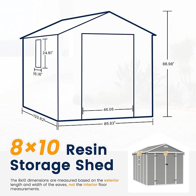 UDPATIO Storage Shed 8 x 10 FT, Resin Sheds & Outdoor Storage with Floor Large Clearance Outdoors Plastic Garden Tool Shed Tuff Outside Cottage Shed with Lockable Door for Bike, Garbage Gray White