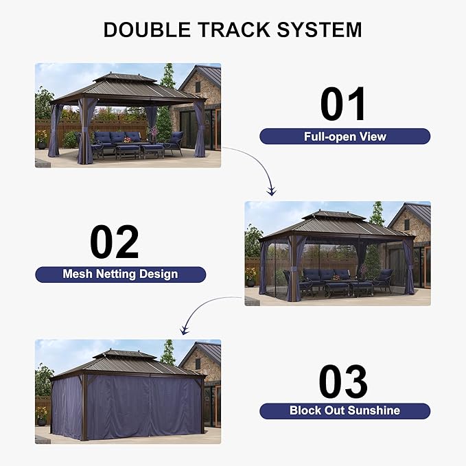 PURPLE LEAF 12' X 16' Permanent Hardtop Gazebo for Patio with Netting and Curtains Deck Backyard Heavy Duty Sunshade Metal Roof All Weather Outdoor Pavilion Canopy