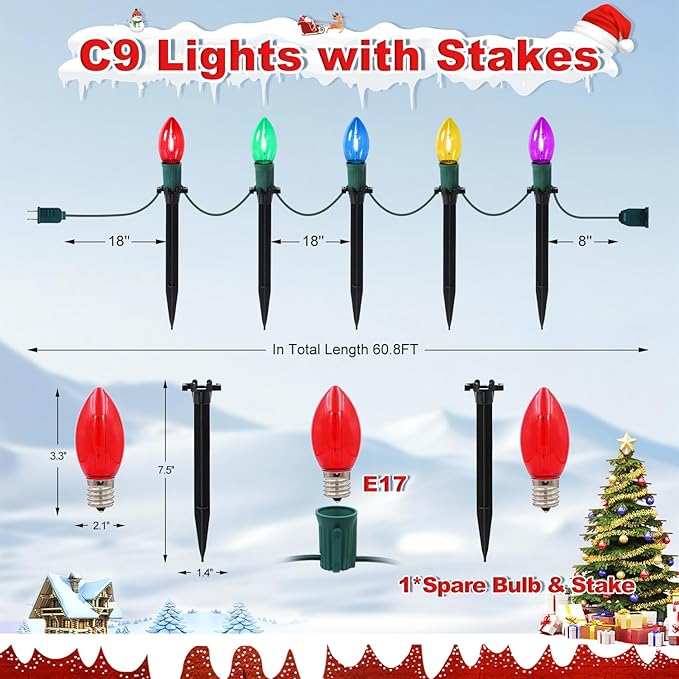 60Ft C9 Led Christmas Pathway Lights Outdoor, 40 Multicolor Bulbs Waterproof Connectable Extra Long Christmas Walkway Lights for Large Driveway, Yard, Lawn