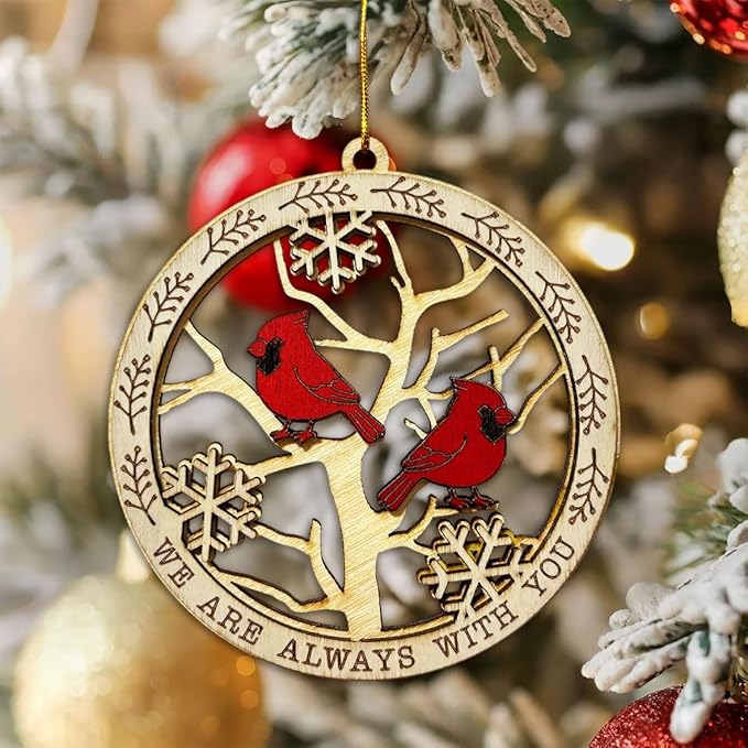 Cardinal Memorial Christmas Ornament – Wooden Cardinal Bird Decoration with “We are Always with You” Quote – Remembrance Ornament for Loved Ones, Bereavement Christmas Tree Hanging Ornament
