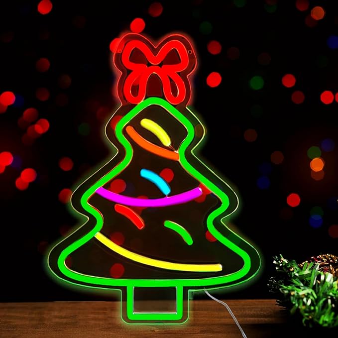 Christmas Tree Neon Sign Christmas Decorations, Dimmable Led Neon Light Up Sign for Xmas Wall Decor Party Home Bar Festival, USB Powered, Include Hanging Chain