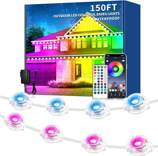 150FT Permanent Outdoor Light, IP67 Waterproof LED Eaves Light, App/Remote Control Christmas Lights, Suitable for House，Patio Decor Garden Party Festival Decoration