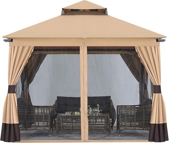 MASTERCANOPY 10x10FT Outdoor Patio Gazebo with Double Roofs, Mosquito Netting and Privacy Screens for Backyard, Garden, Lawn, Beige