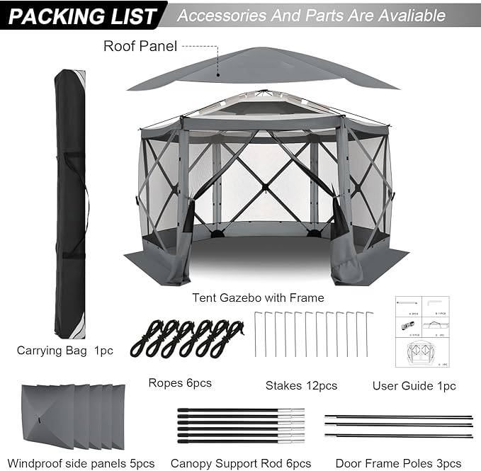 COBlZl Pop Up Gazebo 12x12 Screen House Tent for Camping, Outdoor Instant Stargazing Gazebo Canopy with Awning 2.0, Portable Hub Tent with Removable Sidewalls,Pavilion for Backyard,Gray