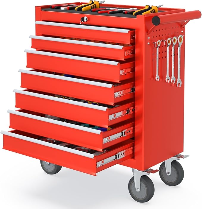 7 Drawers Rolling Tool Box, Portable Storage Tool Chest with Wheels, Toolbox with Lock for Warehouse, Garage, Repair Shop and Tool Room (Red)