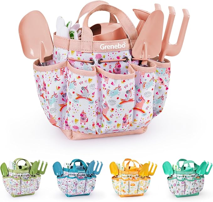 Kids Gardening Set Toys, Quality Garden Tool Kit for Kids and Toddlers, Includes Two Shovels, Garden hat,Rake, Apron,Gloves, Watering Can, and Tool Bag (Pink)