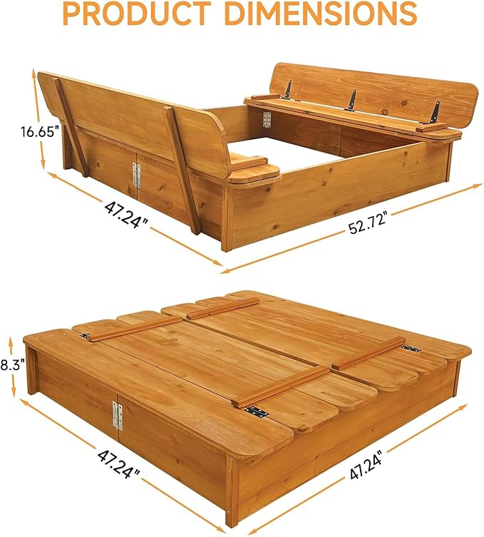 Wooden Sandbox with Cover, 48x48 Inch Large Outdoor Sand Box for Kids Ages 4-8, Cedar Wood Sandpit with Foldable Bench Seats & Bottom Liner