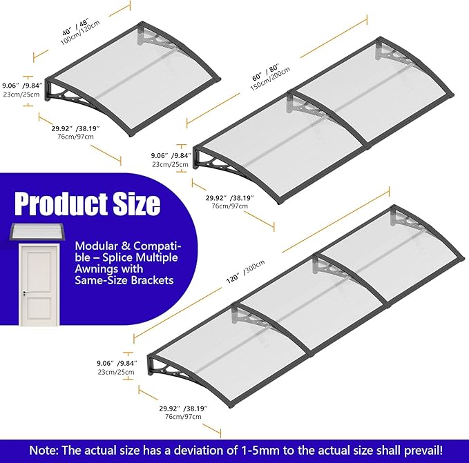 Awning for Outside, 40x40 UV-Resistant Rain and Snow-Proof House Overhang Canopy, Polycarbonate Door Awnings Exterior for Outdoor Patio, Porch, Deck, Window