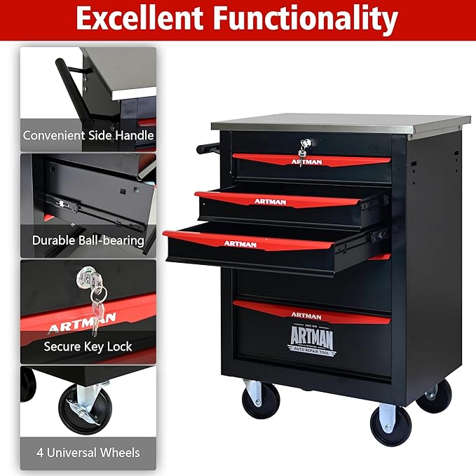 RYH 4/5/6/7 Drawers Rolling Tool Chest -Heavy Duty Mobile Metal Tool Box with Locking Wheels, with Stainless Steel Worktop, Garage Tool Storage Cabinet (Black, 5-Drawers 30.7 H¡¿22.2 W)