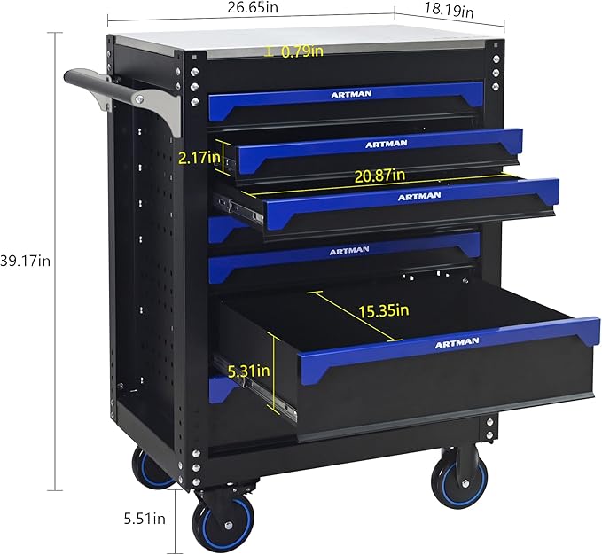 RYH 26.65 W Rolling Tool Cart with Wheels & Steel Top | Mobile Tool Chest Organizer for Garage Storage Cabinet & Toolbox | Heavy-Duty Steel Tool Bo(Black-Blue, 7-Drawers 39.17 H¡¿26.65 W-1)