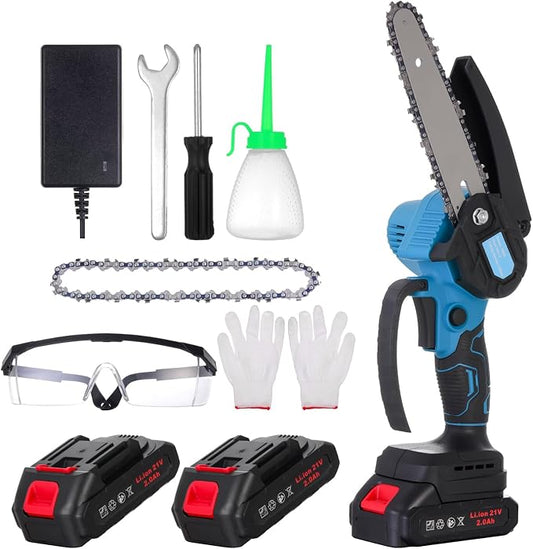 6 Inch Mini Chainsaw Cordless - Powerful 850W Electric Chainsaw with Dual 21V Batteries, LED Light, Safety Features, Ideal for Garden, DIY, and Wood Cutting