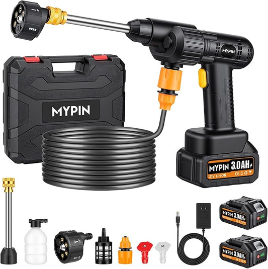 Portable Cordless Pressure Washer, 600 PSI 21V Two Rechargeable Batteries Powered Pressure Washer with Battery Level Display, 6-in-1 Nozzle with Jet Nozzles for Car Floor Wall Fence Cleaning