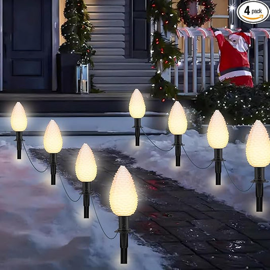 C9 Christmas Lights Outdoor Decorations Lawn with Pathway Marker Stakes, 7 Feet String Lights Covered 4 Jumbo Led White Pinecones for Holiday Time Outside Yard Garden Decor, 4 Lights
