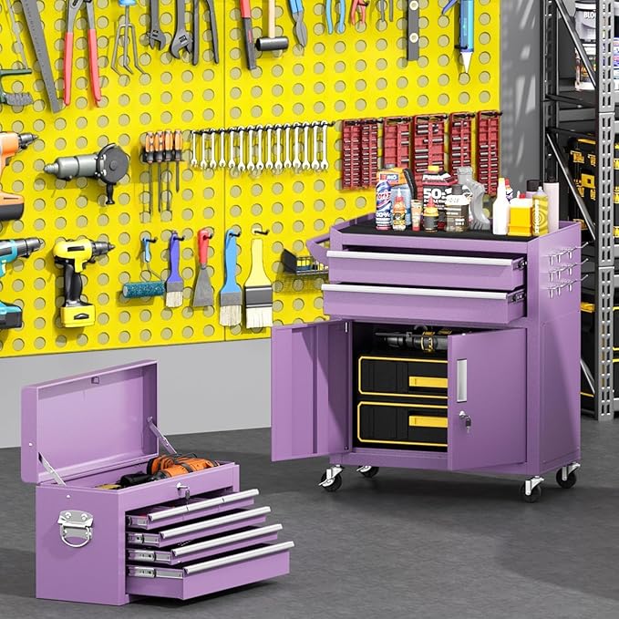 Greenvelly 8-Drawer Rolling Tool Chest, Metal Tool Chest with Wheels, Rolling Tool Box with Detachable Top Tool Box, Metal Tool Cart with Liner & Hooks for Garage, Workshop, Warehouse, Purple