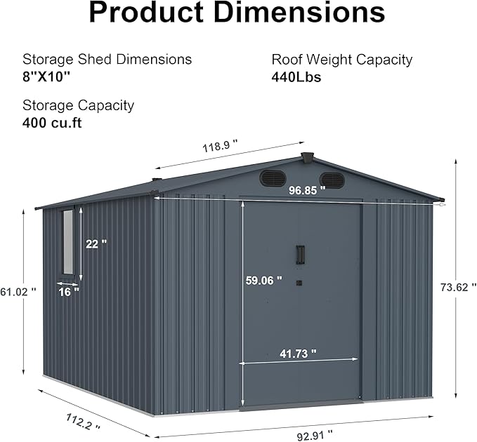 Outdoor Storage Shed 8x10 FT with Window - Metal Sheds & Outdoor Storage for Motorcycle, Bike, Garden Tool, Lawnmower - Backyard Tool Building with 1 Sliding Door, 4 Vents (Without Floor)