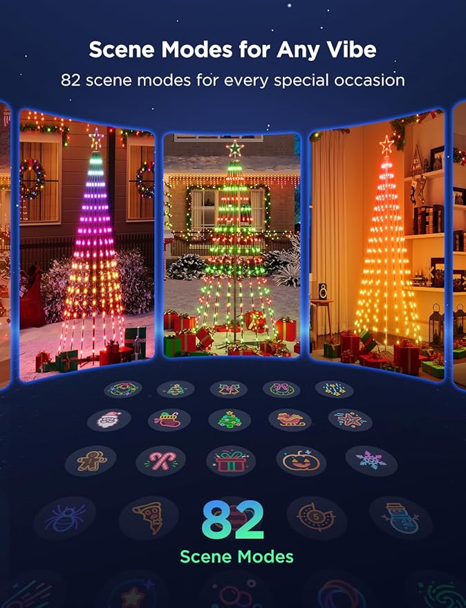 Govee Christmas Cone Tree Lights, 7.5ft 370 LEDs RGBIC Christmas Tree Lights with Smart App Control, IP67 Waterproof Outdoor String Lights for Christmas Decorations, 82+ Scene Modes, Music Sync
