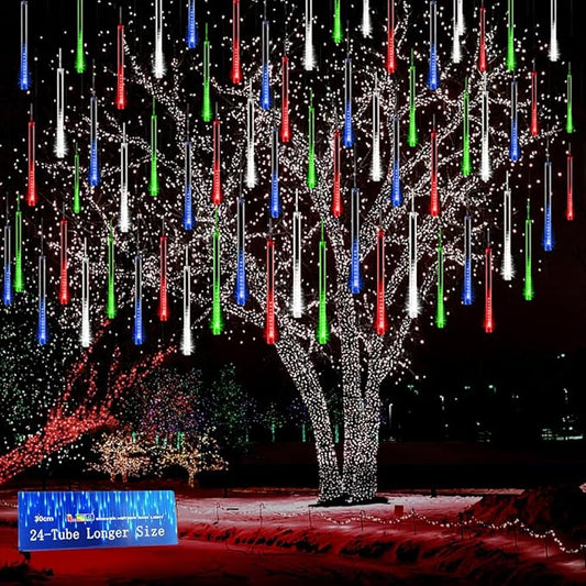 Kwaiffeo Icicle Lights Outdoor, 24 Tubes(Equivalent to Pack of 3 8-Tube) Meteor Shower Lights for Xmas Halloween Decorations Yard Party Tree, Multi Color(Purple Blue Green White)