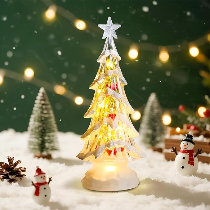 Small Christmas Tree White Acrylic Tree with Red Berries 11 Inch Tabletop Christmas Tree with LED Lights Timer Vintage Christmas Decoration Battery Operated Medium Transparent