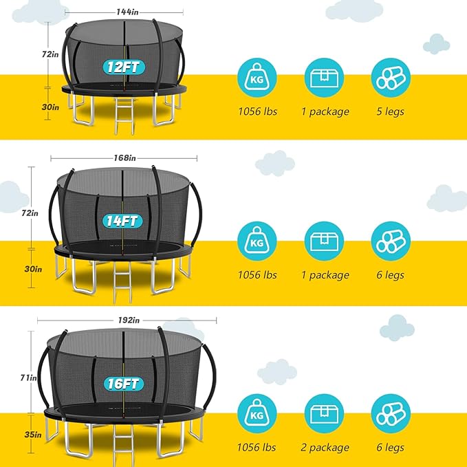 SkyBound Trampoline with Curved Safety Padded Poles - Large Outdoor Backyard ASTM Safety Approved Trampolines for Kids & Adults - Heavy Duty Recreational Outside Trampoline with Safety Net